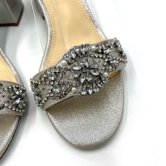 Blue Betsey Johnson Size 7 Mel Jeweled Silver Block Heels Dress Sandals Shoes - Picture 6 of 15